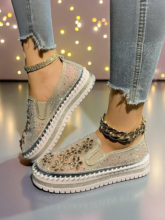 Rhinestone Sneakers with Mesh Women's Embellished Slip-On