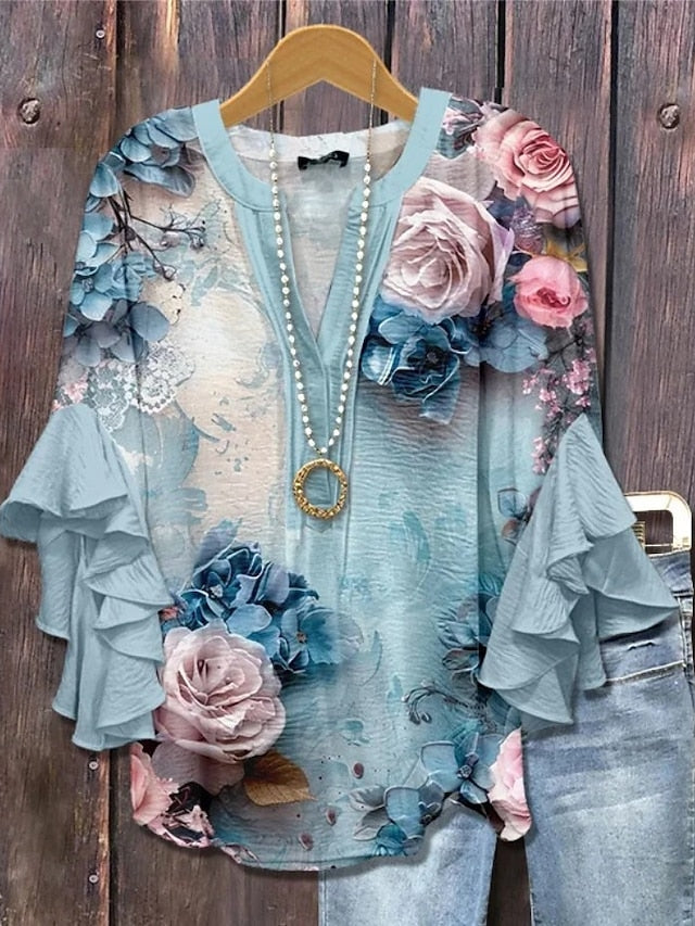 Easter Women's Blouse V Neck Floral Graphic Elegant Bohemia
