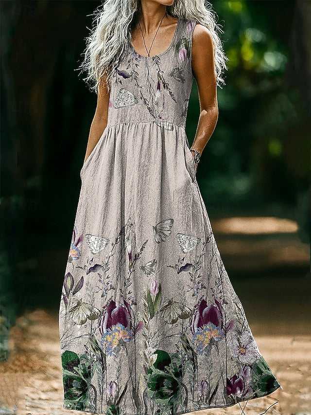 Women's Boho Floral Art Print Vintage Dress Vacation Casual