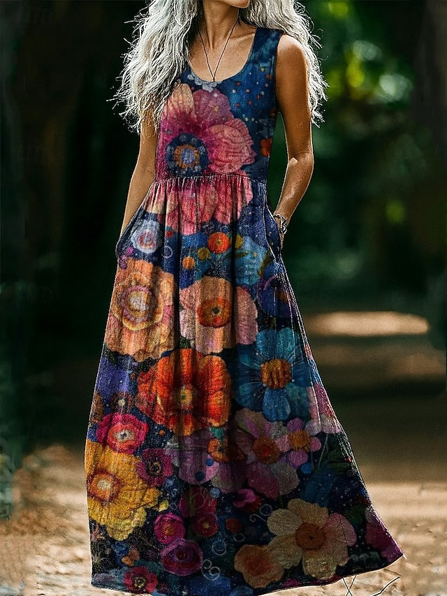 Women's Boho Floral Art Print Vintage Dress Vacation Casual