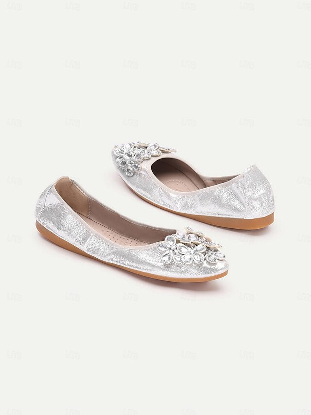 Foldable Women's Flats with Rhinestone Silver