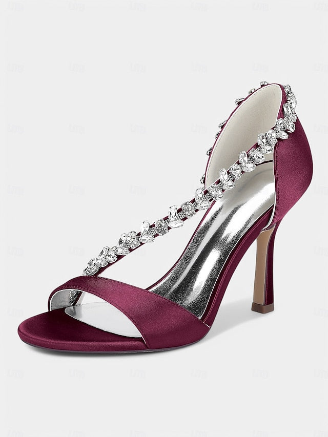 Crystal Heels Satin Champagne Women's – T-Strap with High