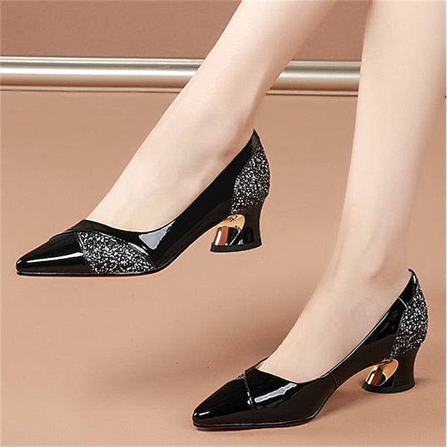 Women's Glitter-Accented Block Leather Patent Heels Faux