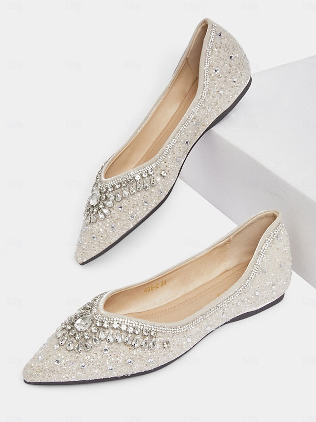 Silver Glitter Toe Pointed Flats with Crystal Women's