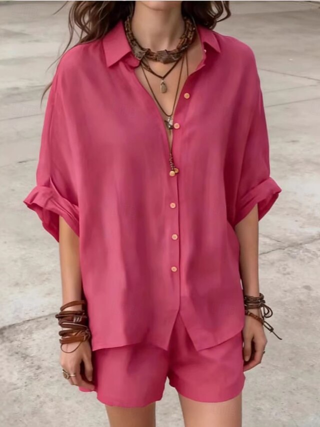 Women's Shorts Sets Long Sleeve Shirt Collar Solid Color