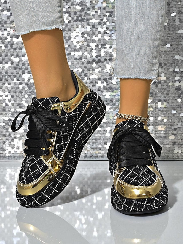 Silver Black Women's Rhinestone Quilted Sneakers - and