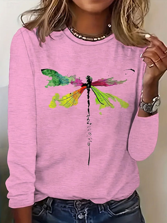 Women's T Shirt Print Graphic Dragonfly Vintage Stylish