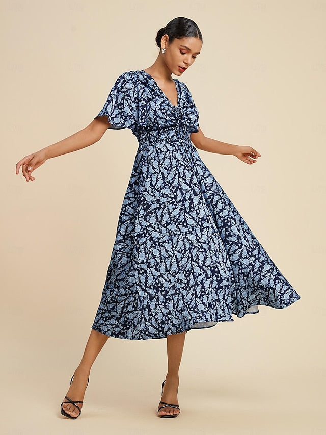 Satin Floral Print Smocked Waist Midi Dress