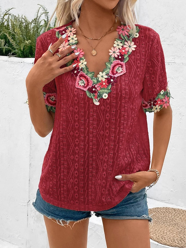 Women's White Elegant Lace Tops Eyelet Blouse Floral