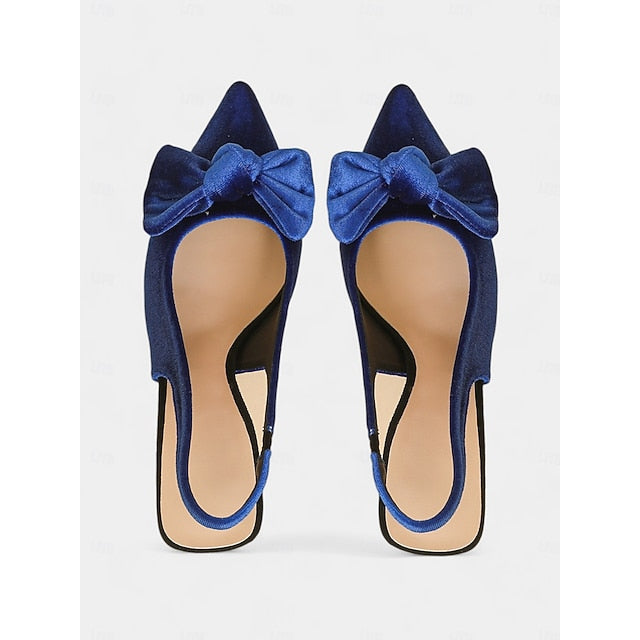 Blue Pointed Bow Women's Heels Toe with Slingback Velvet