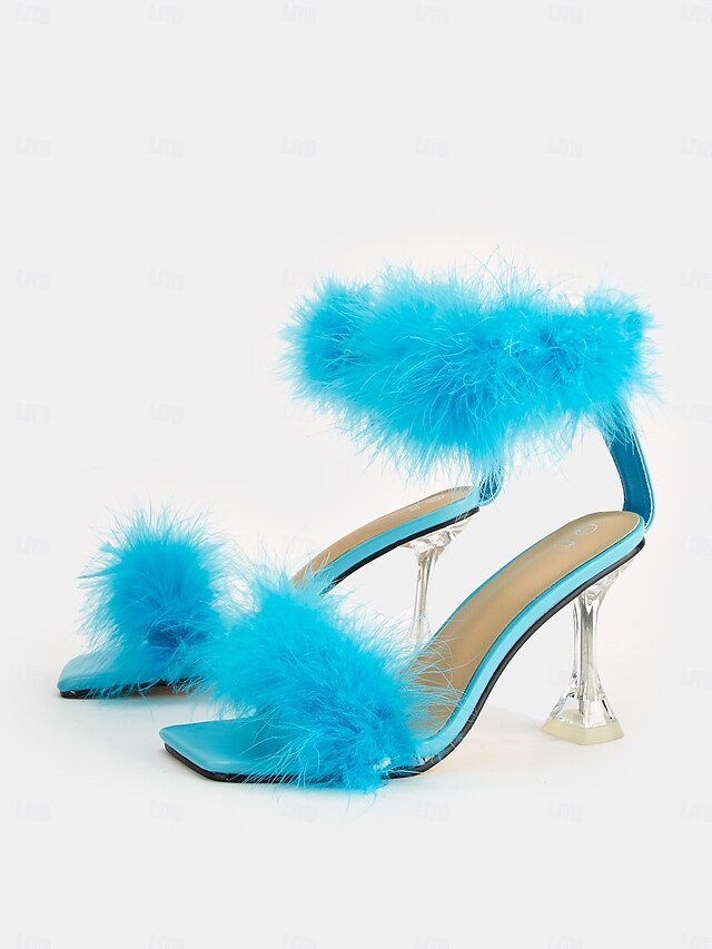 Clear Heel High Feather-Embellished Sandals with Turquoise