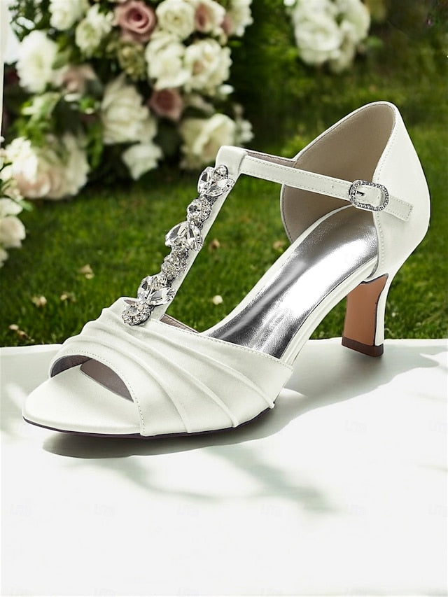 Satin White Bridal Detail Crystal Heels Open-Toe with –
