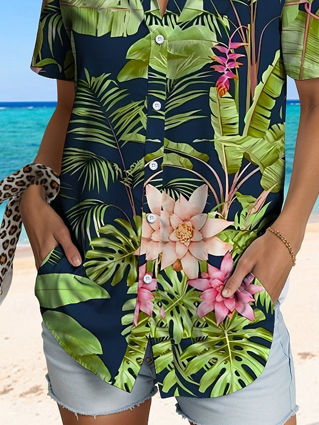Women's Shirt Short Sleeve Button Down Blouse Graphic Leaf