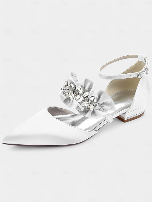 with Pointed-Toe Satin Women's Rhinestone Black Flats