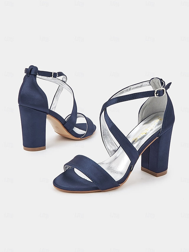 Satin Strappy Heel Elegant Block Sandals – Women's