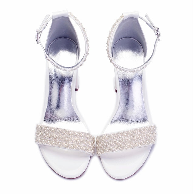 White Embellished Pearl Ankle Strap Block Ivory Women's