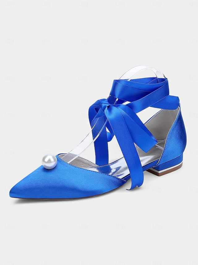 Embellished Flats Pointed Navy Toe Pearl - Women's Satin