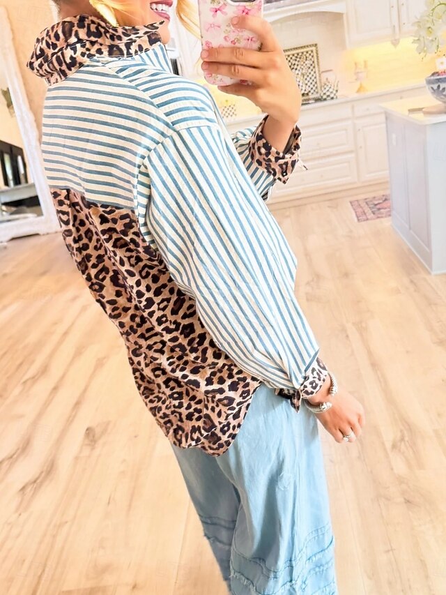 Women's Blouse Buttons Print Leopard Striped Stylish Casual