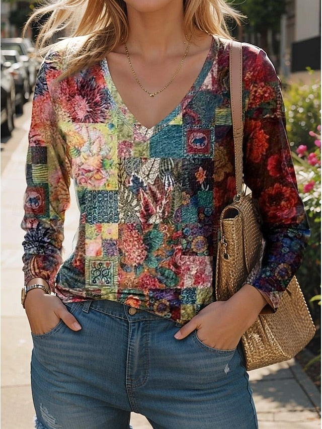 Women's T Shirt V Neck Long Sleeve Tunic Fashion Modern