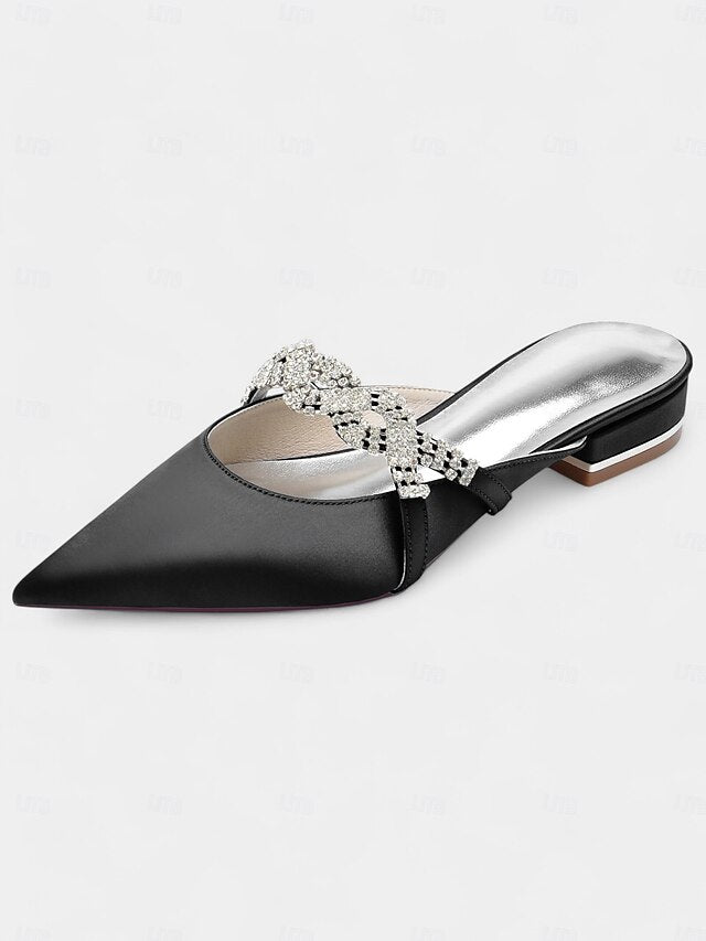 Satin Mule - Heels Rhinestone with Pointed-Toe Blue Detailing