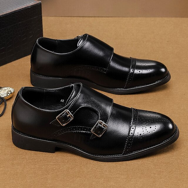 Men's Monk Leather with Strap Brown Faux Double Shoes