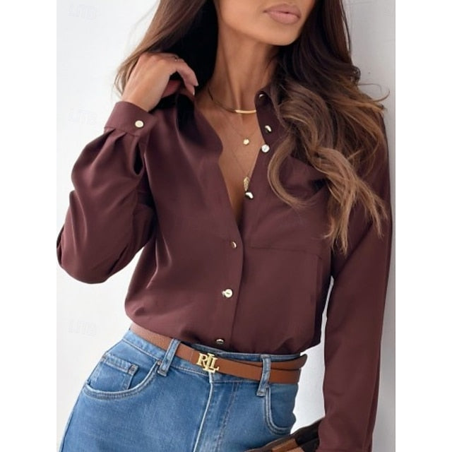Women's Blouse Buttons Solid Color Elegant Stylish Basic
