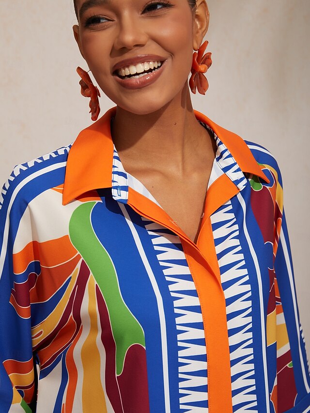 Vacation Geometric Color Block Print Batwing Sleeve Satin Short