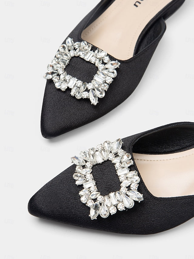 Black Mules with Satin Rhinestone Women's Pointed-Toe