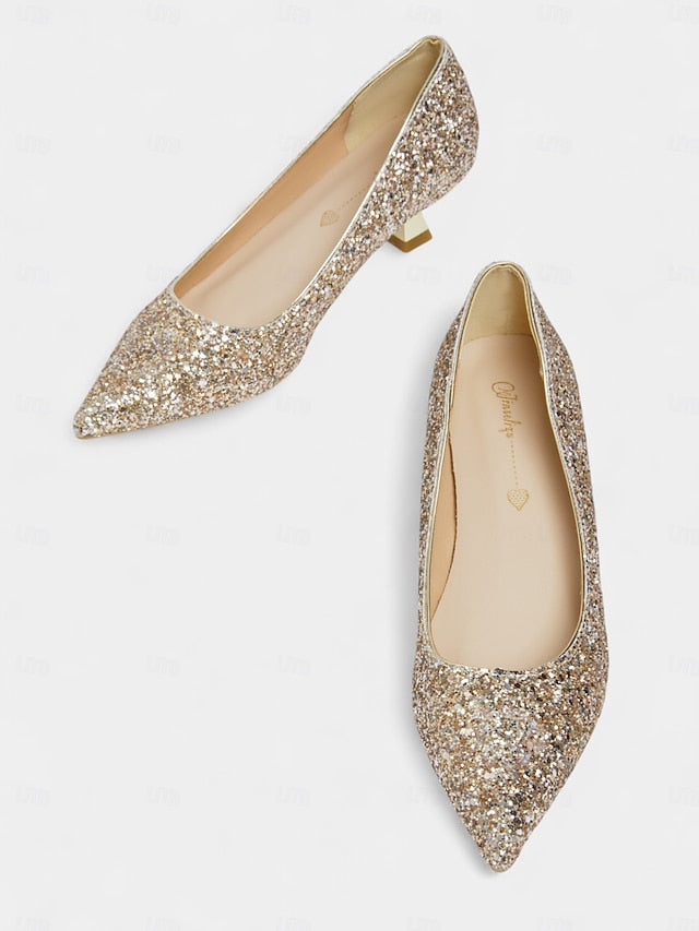Glitter Toe Women's Low - Heel Sparkly Pointed Pumps