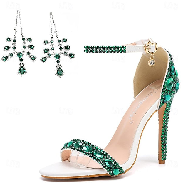Heels Green Matching Women's Ankle Stiletto Rhinestone with