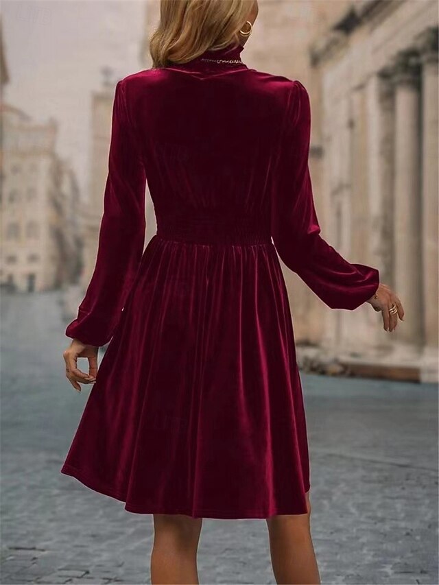 Women's Velvet Dress High Neck Long Sleeve Cinched