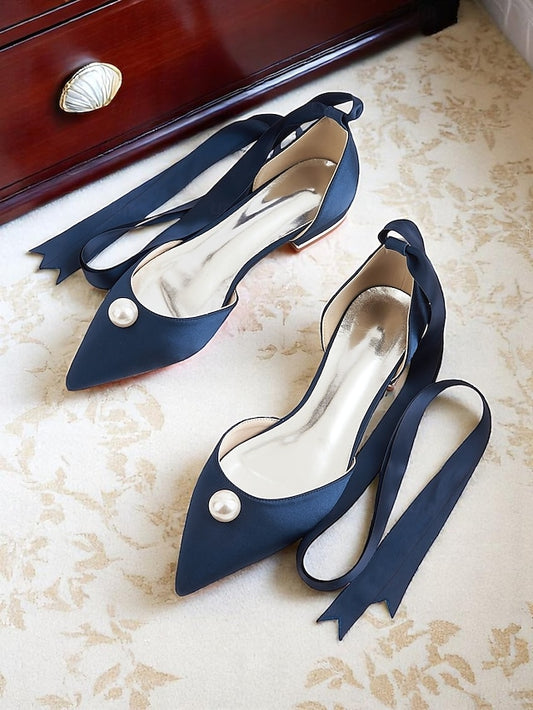 Embellished Flats Pointed Navy Toe Pearl - Women's Satin