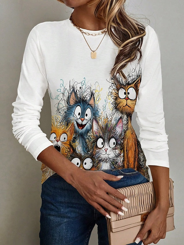Women's T shirt Crew Neck Long Sleeve Tunic Graphic Animal