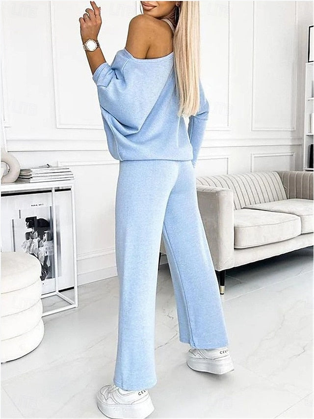 Women's Loungewear Set One-Shoulder Long Sleeve Top and