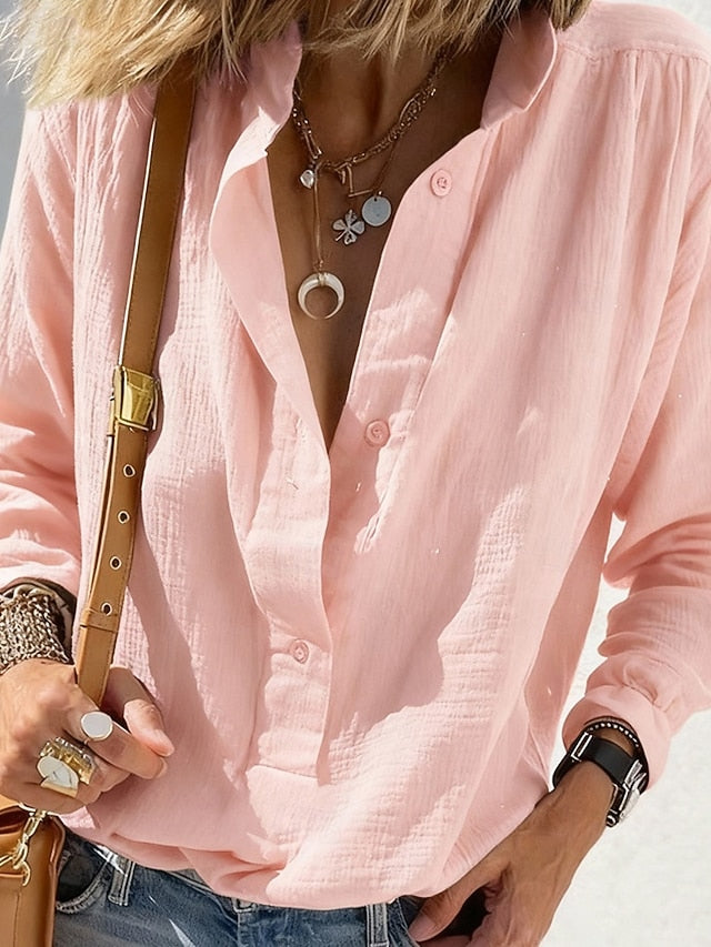 Women's Shirt Blouse Plain Vintage Stylish Long Sleeve V