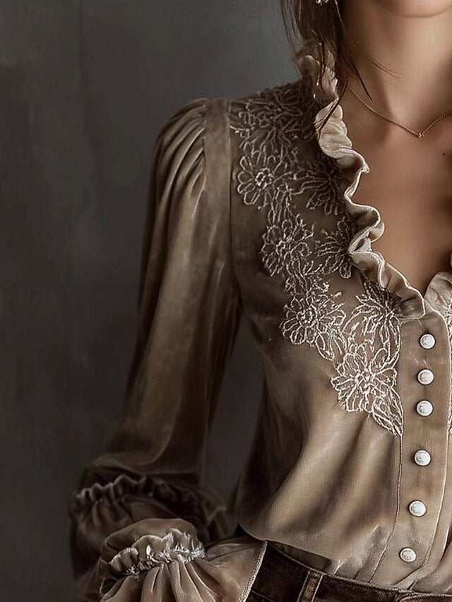Women's Shirt Velvet Casual Shirt Ruffle Shirt Embroidered