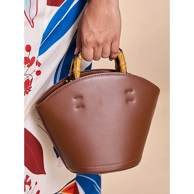 with Brown Women's Leather Bag Bucket Bamboo Handle