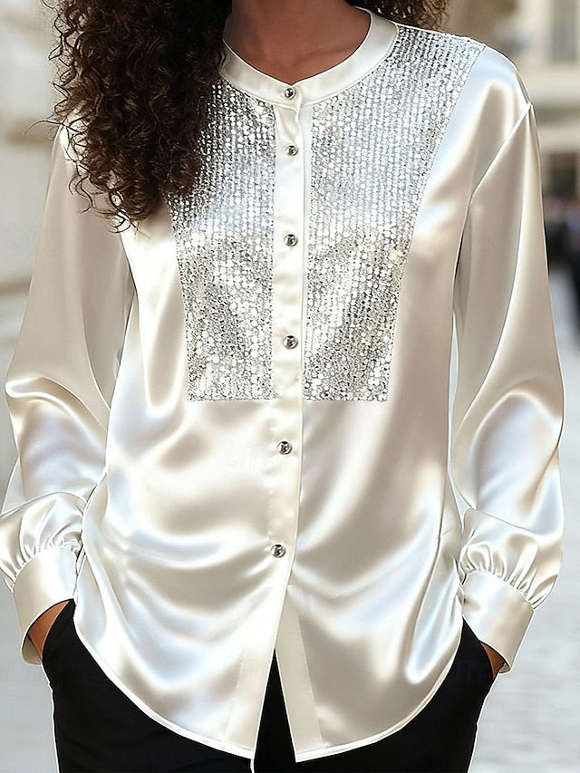 Women's Shirt Elegant Satin Top Blouse Sequins Buttons