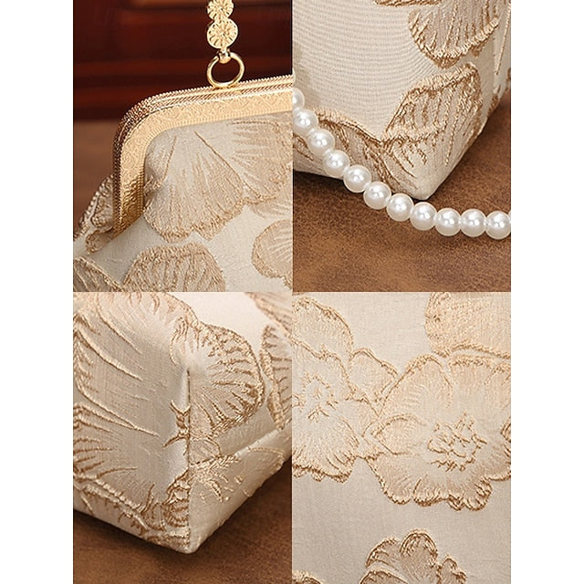 Women's Vintage Floral Brocade Pearl Handle Bag, Elegant