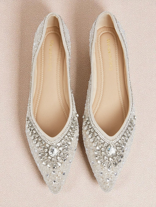Silver Glitter Toe Pointed Flats with Crystal Women's
