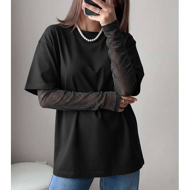 Women's Mesh Patchwork Top Lace Patchwork Fake two piece