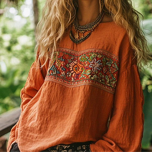 Women's Boho Shirt Faux Cotton Linen Print Geometric Plain