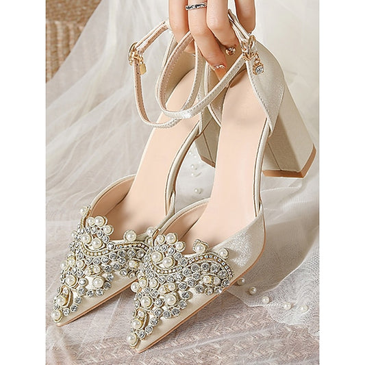 and Pearl Women's Wedding Block Embellished Rhinestone Heel