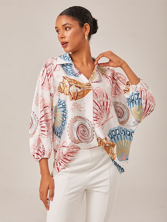 Shell Print Relaxed Fit Overhead V-Neck Blouse