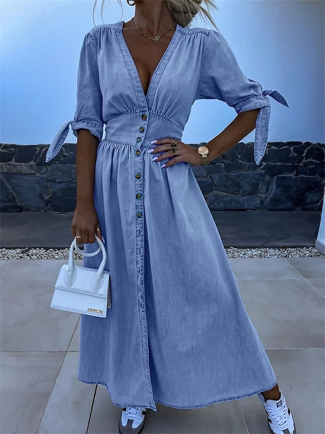 Women's Denim Dress Shirt Dress Maxi long Dress Office