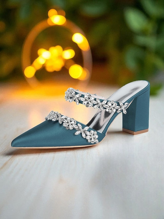 Women's Mules Rhinestone Floral Heel Black Block Satin with