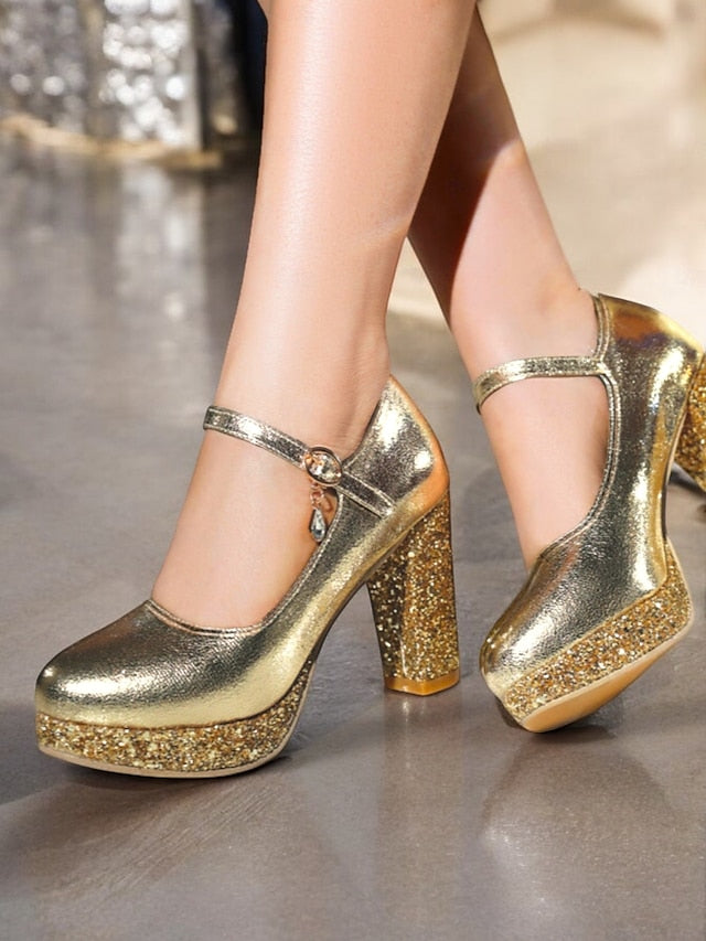 Women's Gold Sparkly Heel Pumps Jane Block Mary – Glitter