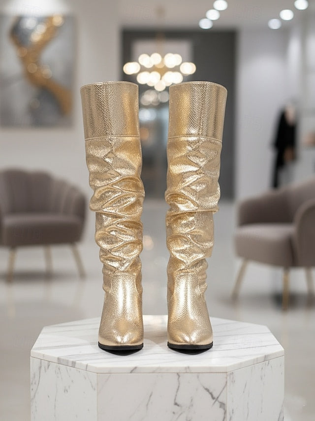 Slouch High Knee Women's Boots Shiny Party - Gold Metallic