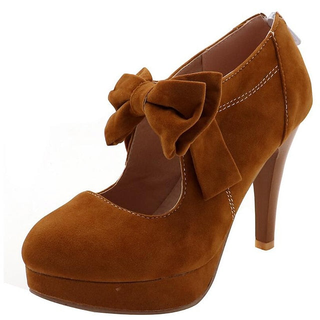 Platform Bow Pumps Heel – Suede High Vintage Red Women's
