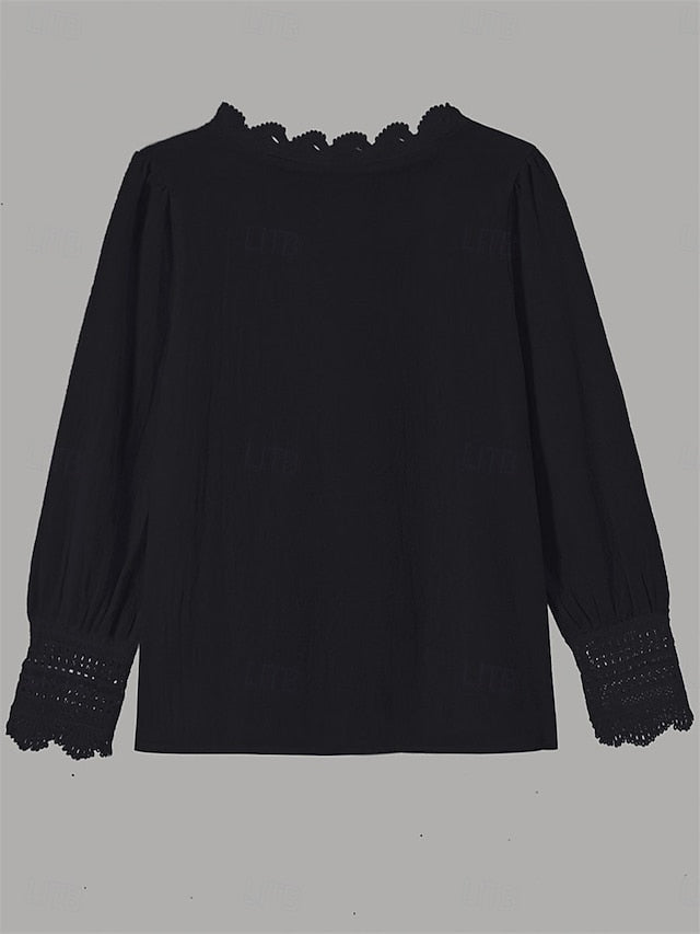 Women's Blouse Lace Tops Ruched Patchwork Buttons Solid
